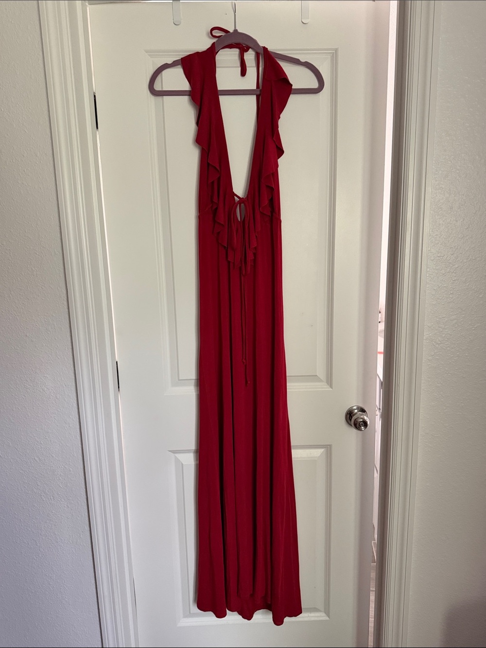 Backless Red Halter Maxi Dress with Ruffle Trim